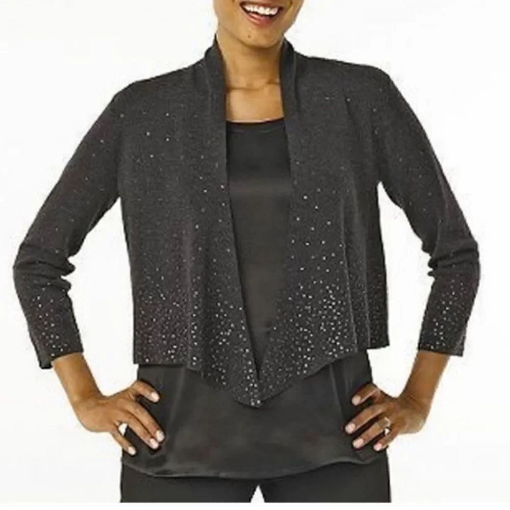 EILEEN FISHER Gray Ultrafine Merino Sequin Cropped Cardigan Size Small